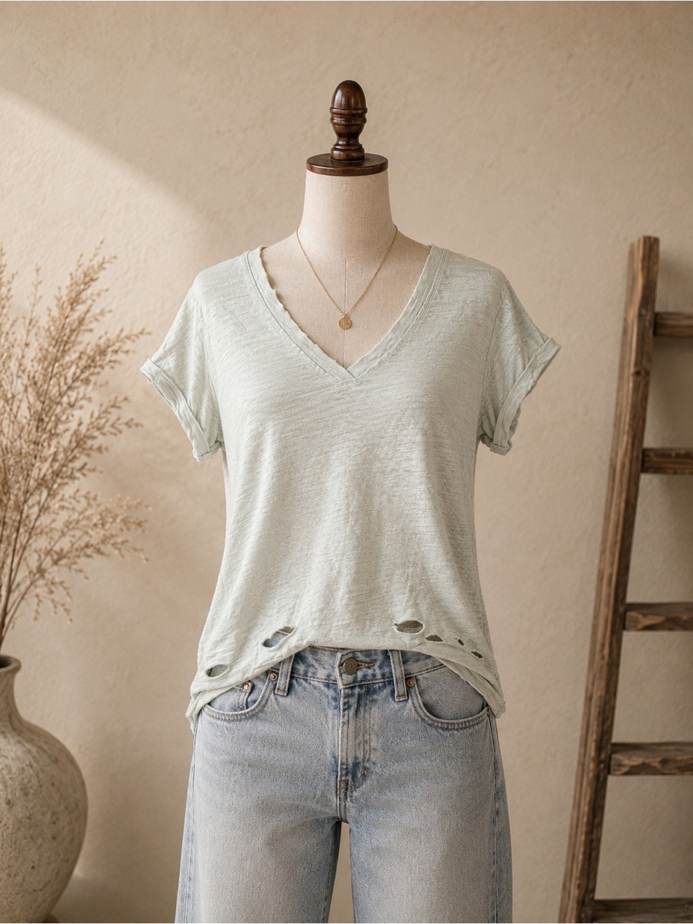 We The Free Distressed Slub V Neck Tee Mint Green Oversized XL